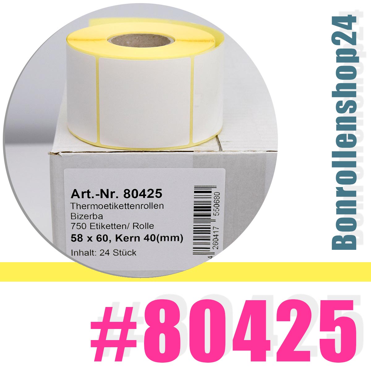 Thermorollen mit je 750 Etiketten 58mm x 60mm | permanent klebend | Artikel Nr. 80425