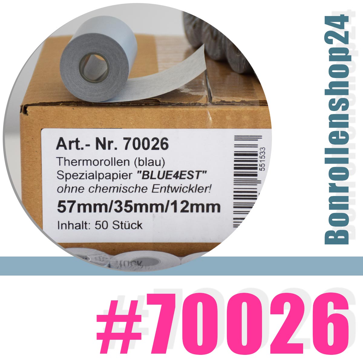 Confronteren stopcontact buste 50 Öko-EC-Thermorollen 57 / 14m / 12 - ohne SEPA-Text aus  umweltfreundlichem Blue4est®-Thermopapier im Bonrollenshop24