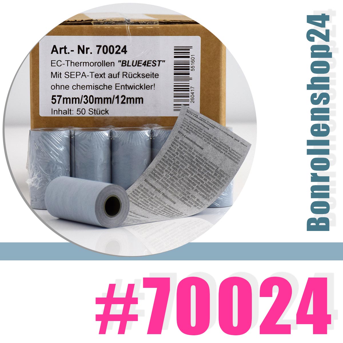 Dicteren navigatie absorptie 50 Öko-EC-Thermorollen 57 / 10m / 12 - mit SEPA-Text aus umweltfreundlichem  Blue4est®-Thermopapier im Bonrollenshop24